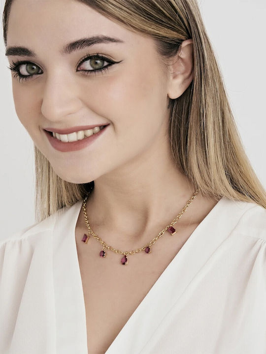 Luca Barra Necklace Gold Plated Steel with Red Zircon