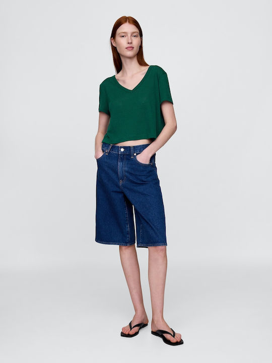 Γυναικείο Καλοκαιρινό Crop Top Λινό με V Λαιμόκοψη Rain Forest Green