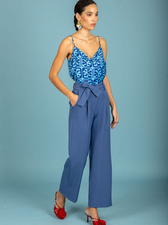 Women's Satin Blouse with Spaghetti Straps Light Blue