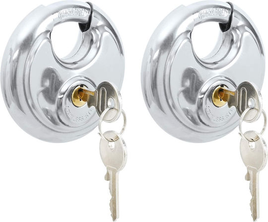 vidaXL Steel Padlock Discus Padlock with Key 90mm Silver 2pcs