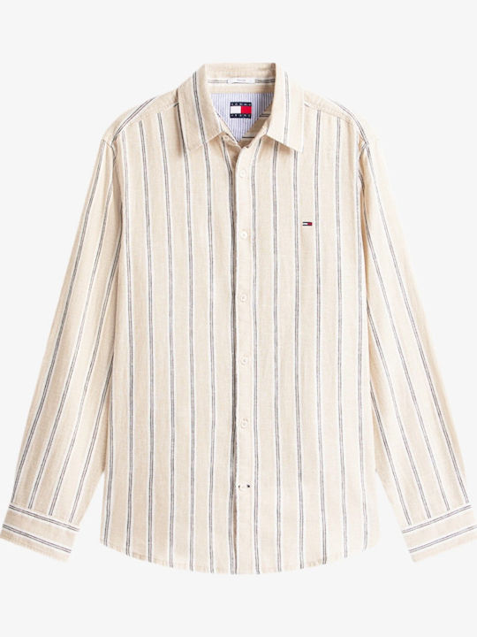Long Sleeve Linen Shirt in Regular Fit Striped Beige/Blue