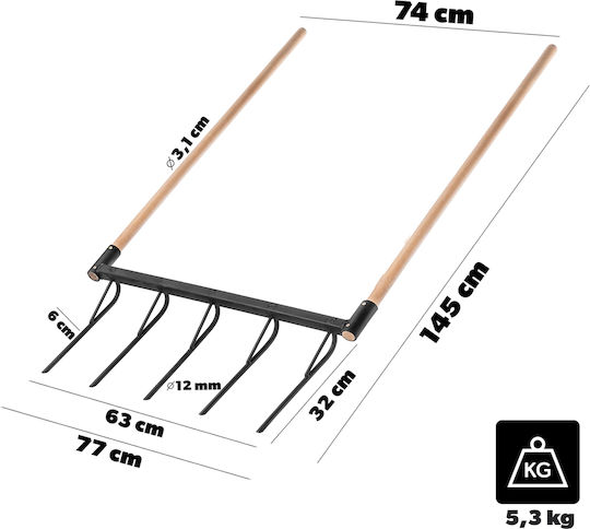 Cultivator De Mână Pentru Sol Slăbitor 77cm Metal Puternic Mâner 145cm