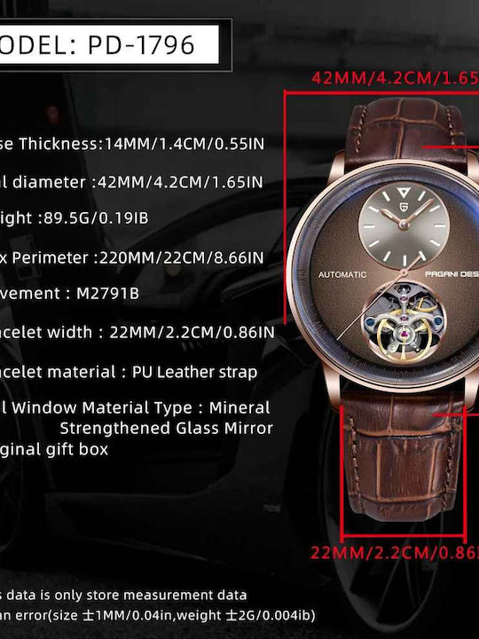 Pagani Design Ceas Barbatesc 42mm Automat cu Curea din Piele Maro
