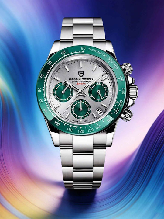 Pagani Design Ceas Barbatesc 40mm Cronograf cu Baterie cu Brățară Metalică Argintie