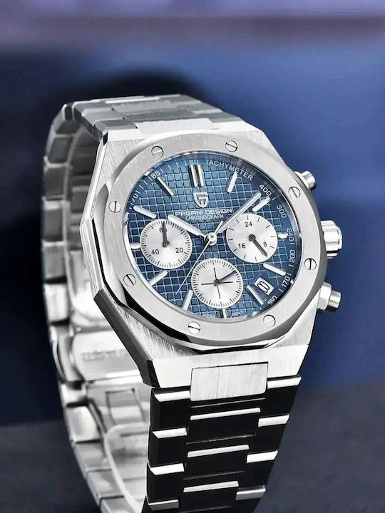 Pagani Design Ceas Barbatesc 40mm Cronograf Cu Baterie Cu Brățară Metalică Argintie