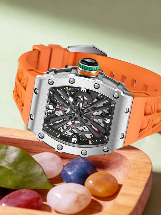 Pagani Design Ceas Barbatesc 42mm Cu Baterie Cu Curea Din Cauciuc Portocaliu