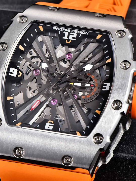 Pagani Design Ceas Barbatesc 42mm Cu Baterie Cu Curea Din Cauciuc Portocaliu