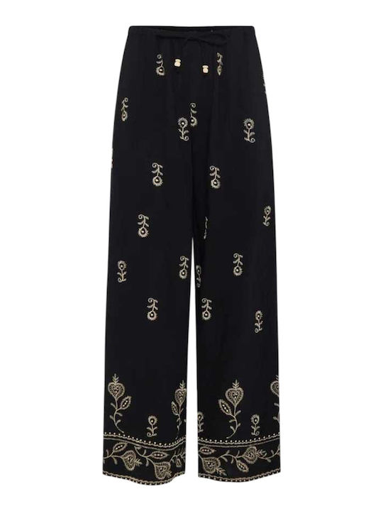 Women's High Rise Pantaloons with Rubber Band in Relaxed Fit Black