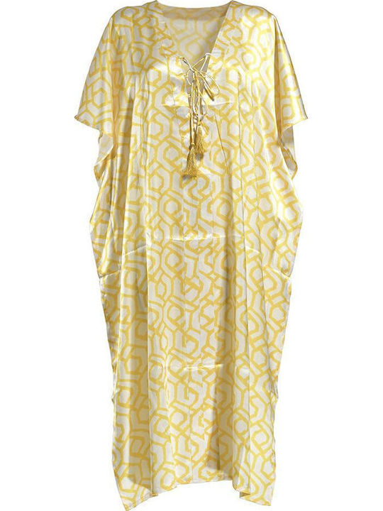 Ble Resort Collection One Size 100% Γυναικείο Μακρύ Καφτάνι Παραλίας Λευκο/κιτρινο
