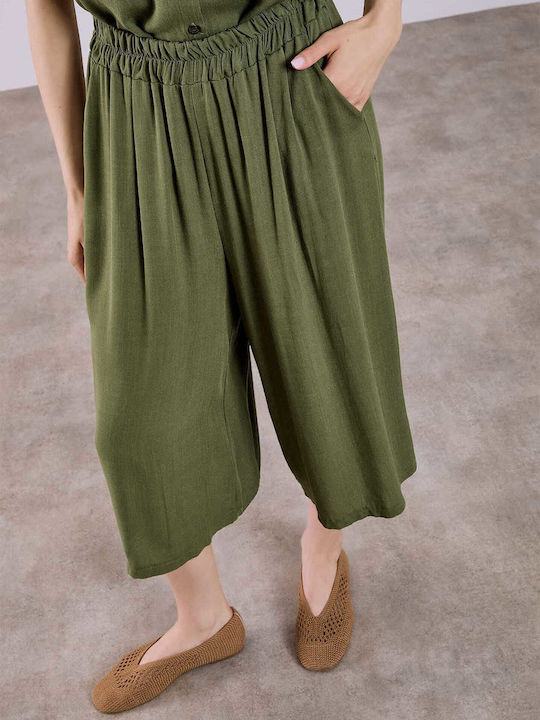 Celestino Zip Culottes Solid Viscose Loose Fit Khaki