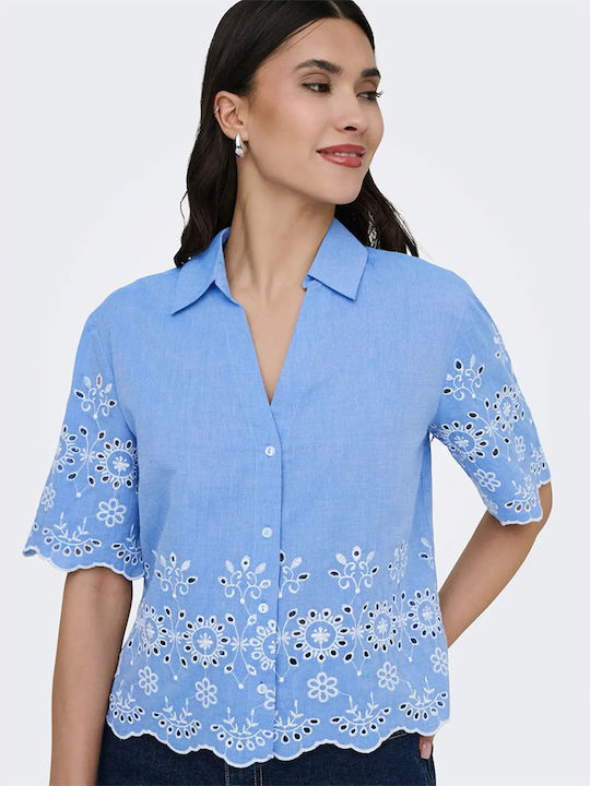 Short Sleeve Women's Denim Shirt Light Blue
