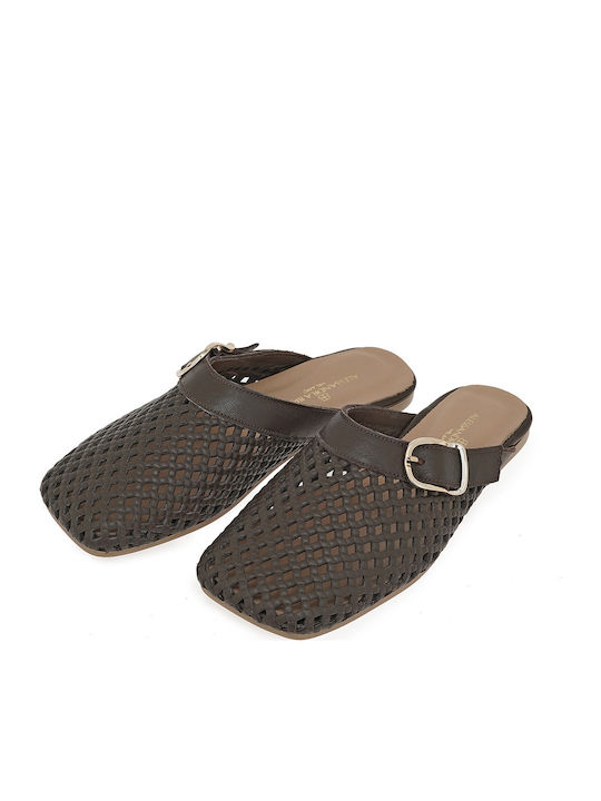 Flat Leather Mules in Brown Colour