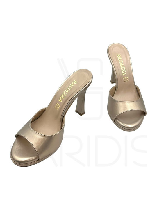Leather Mules with Heel in Gold Colour