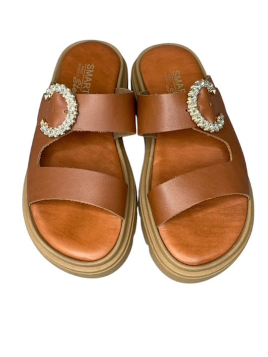Δερμάτινα Γυναικεία Ανατομικά Σανδάλια Flatforms Καφέ