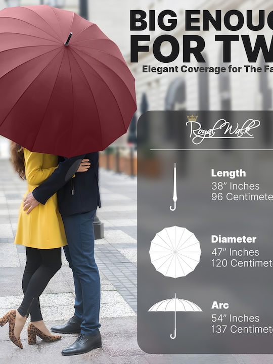 Royal Walk Антиветрена Автоматична Чадър за Дъжд с бастун за ходене Червена Royal Walk Антиветрена Автоматична Чадър за Дъжд с бастун за ходене Червена