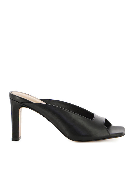 Leather Women's Mules with High Heel in Black Color