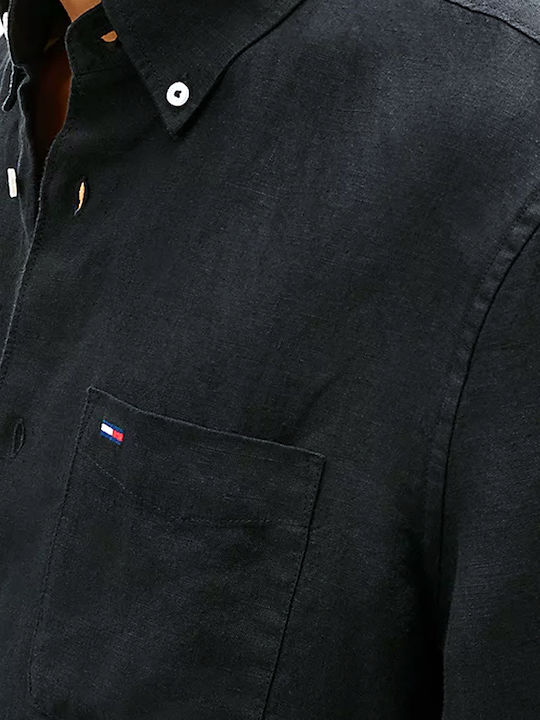 Short Sleeve Linen Shirt in Regular Fit Black
