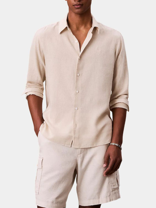 Long Sleeve Linen Shirt in Regular Fit Beige
