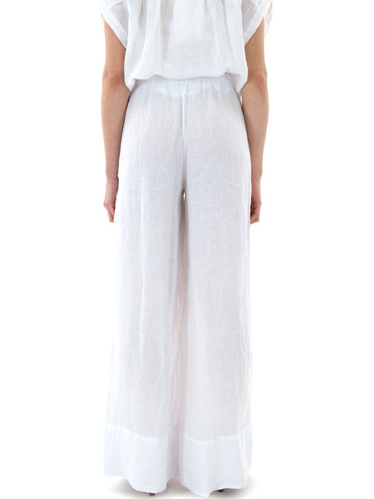 Damen Hochgeschnittene Leinenhose in Breitbein Stil Weiß S26B3013-Weiß