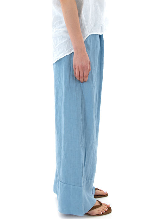 Damen Hochbund Leinen Pantaloons in Breit Bein Stil Hellblaue
