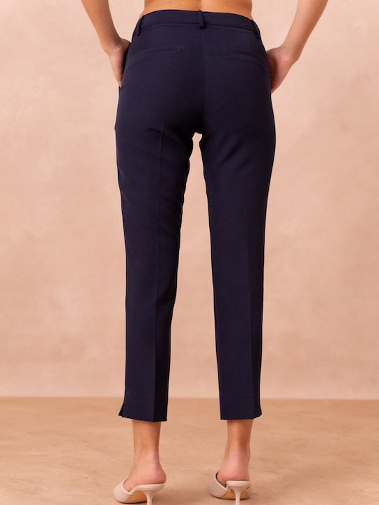 Women's High Rise Fabric Trousers in Straight Leg Navy Blue