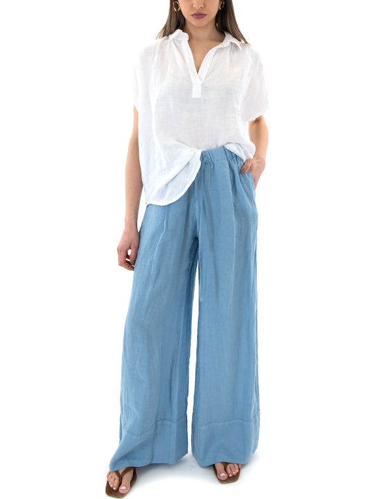 Damen Hochbund Leinen Pantaloons in Breit Bein Stil Hellblaue