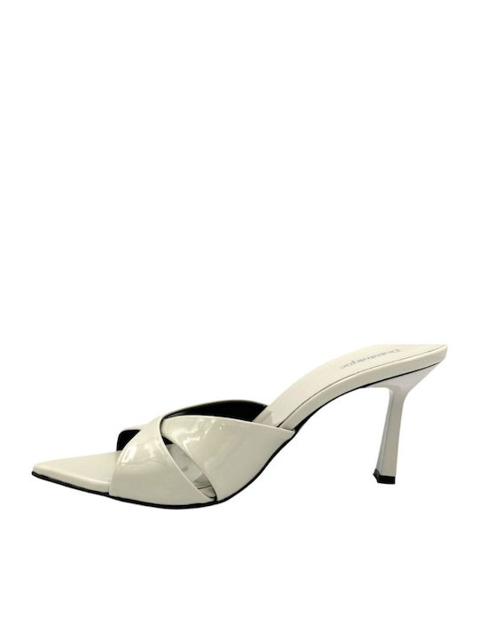 Mules In Patent Leather With High Heel In Ecru Colour