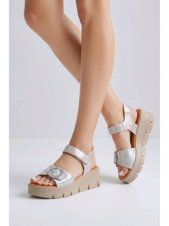Δερμάτινα Γυναικεία Σανδάλια Flatforms Ασημί
