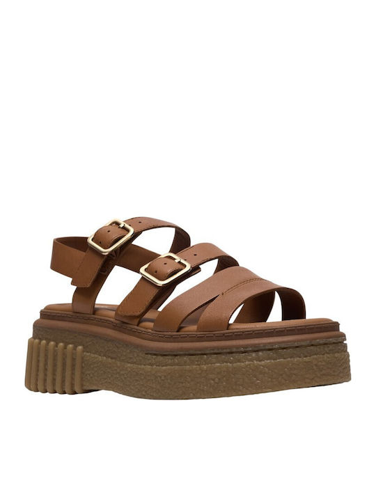 Strap Leder Flache Damen Sandalen Tabac
