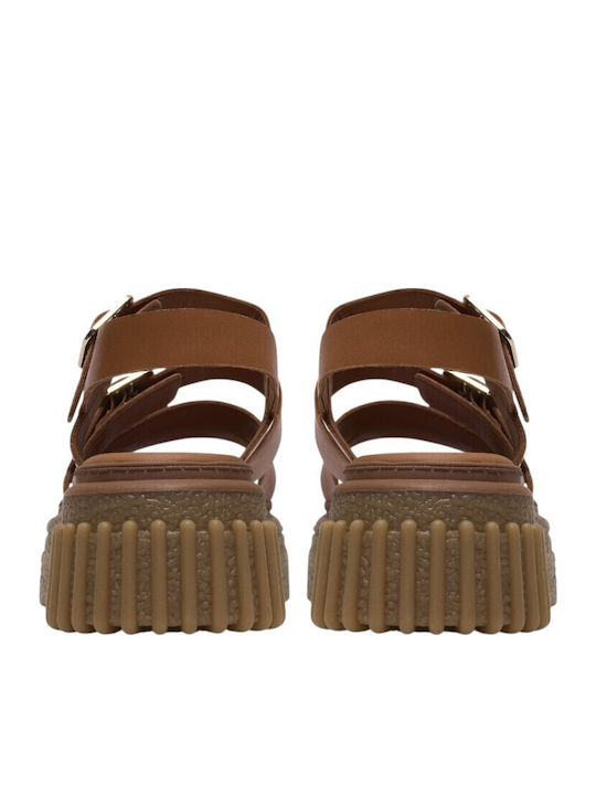 Strap Leder Flache Damen Sandalen Tabac