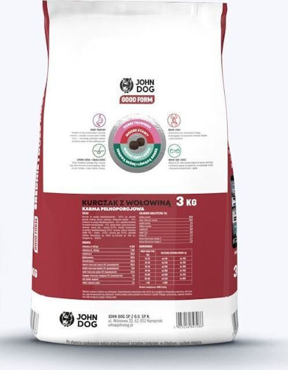 John Dog Good Form 3kg Trockenfutter für Erwachsene Hunde Mittlere & Große Rassen mit Huhn und Rindfleisch