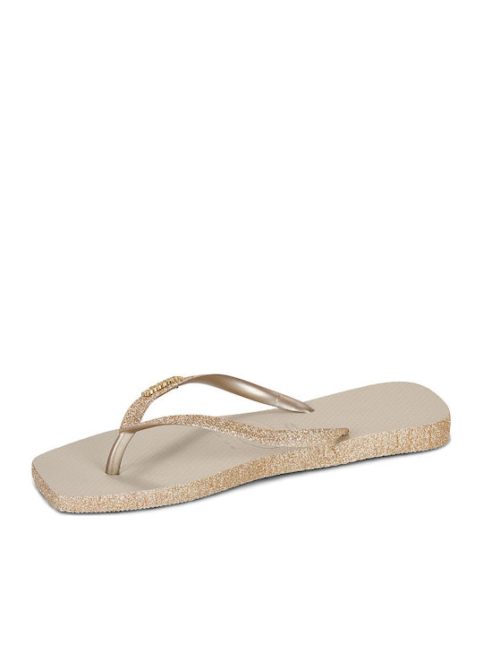 Slim Square Sparkle Flip Flops In Gold Colour