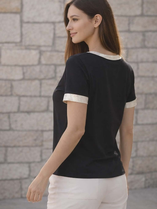 Bluza Damă Bumbac Mâneci Scurte cu Decolteu în V Neagră
