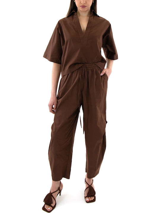 Women's Cotton Short Sleeve Blouse with V-Neck Brown