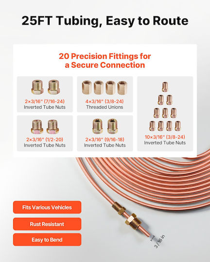 Vevor Brake Pipe Repair Kit Flaring Tool 45° Pipe 7.6 M X 4.76 Mm 16 Fittings 4 Connectors Pipe Cutter 5 Adapters Pqgkgqyjkkgjovjik001v0