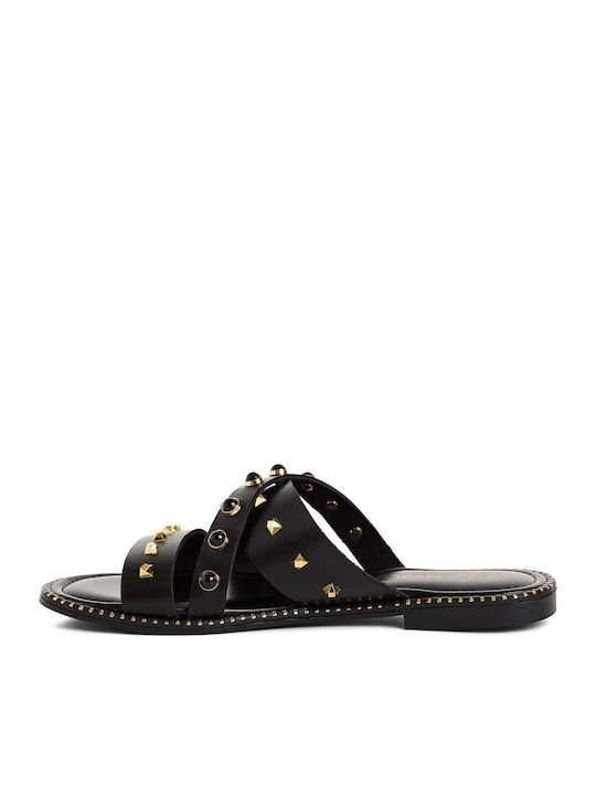 Leder Flache Damen Sandalen Schwarz