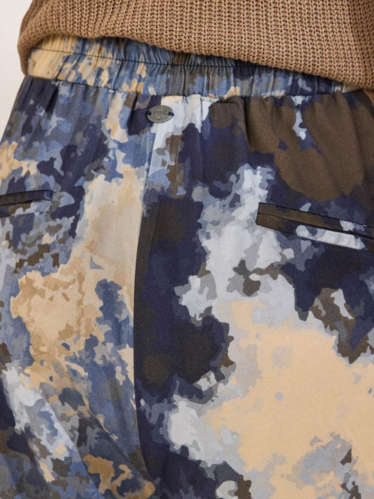 Women's High Rise Fabric Trousers with Rubber Band in Baggy Leg Style Blue
