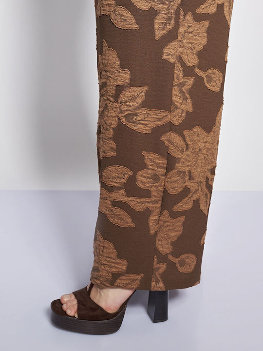 Pantaloni Dama Largi Cu Cauciuc Floral Maro High Rise