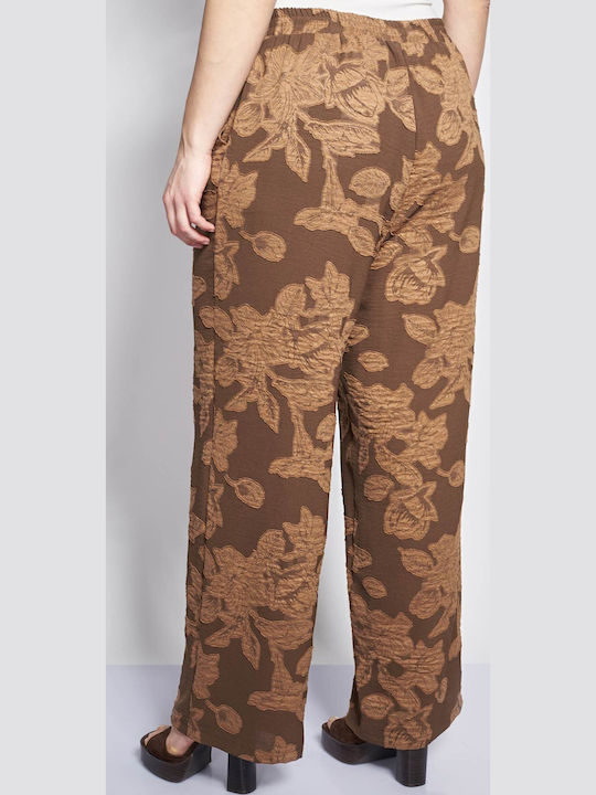 Pantaloni Dama Largi Cu Cauciuc Floral Maro High Rise