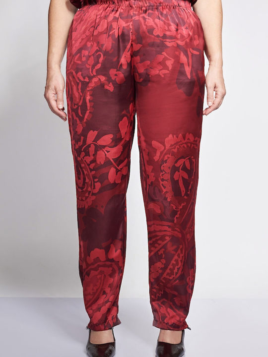 Pantaloni Damă Satin cu Elastic Croială Dreaptă Floral Roșu