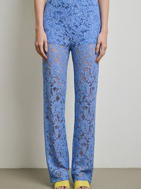 Women's Light Blue Set with High Rise Trousers with Rubber Band in Straight Leg Floral