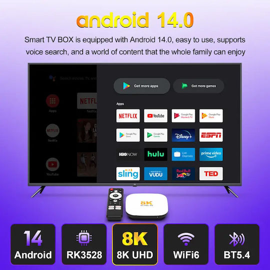 H96 Max TV Box M2 Plus 8K UHD с Wi-Fi USB 2.0 4GB RAM и 32GB Вградена Памет с Операционна Система Android 14.0 и Google Assistant