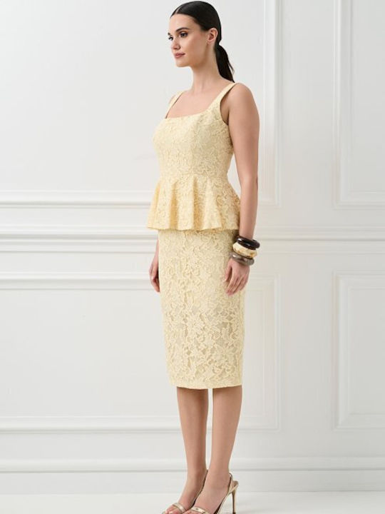 Peplum Καλοκαιρινό Midi Φόρεμα για Γάμο / Βάπτιση με Δαντέλα Κίτρινο