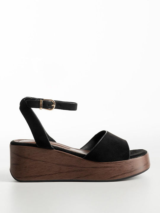 Platforme Dama Tip Suede Bareta & Aspect Lemn Talpă Dama 77-685 Negru Sintetic Suede
