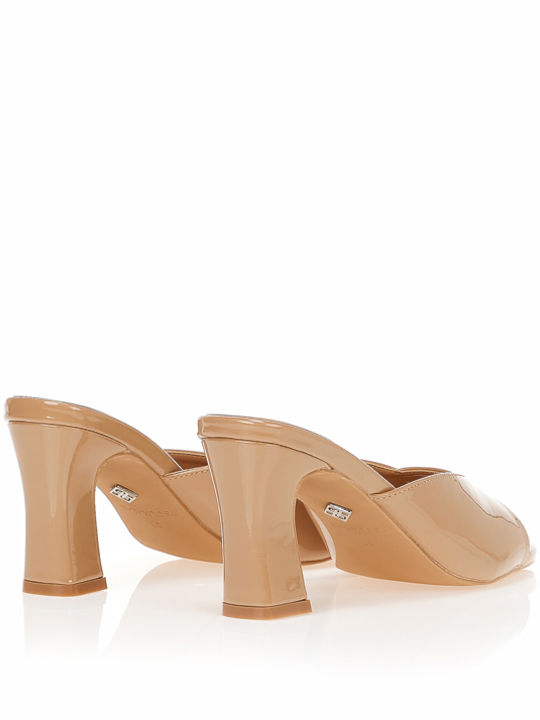 Damen Pantoletten aus Lackleder mit Chunky Hoch Absatz in Beige Farbe