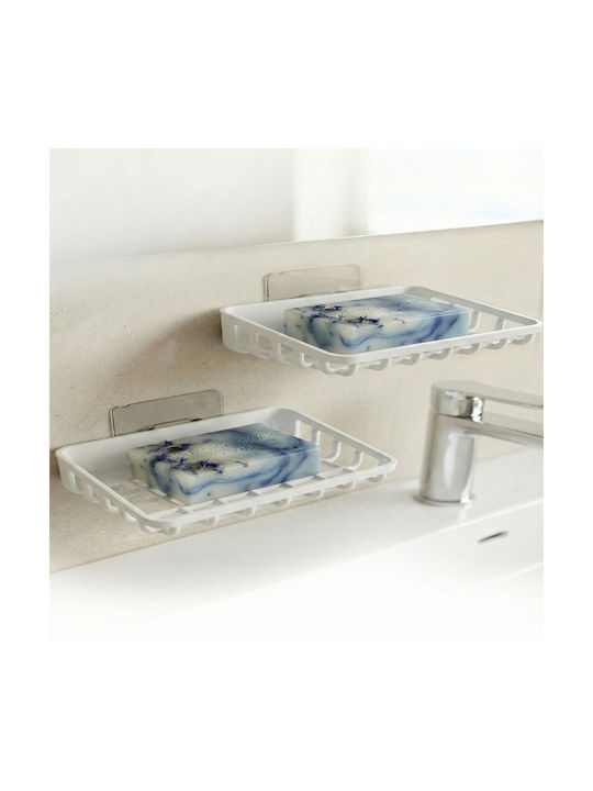Femmit 2 Pcs Self-Adhesive Bathroom & Kitchen Soap Dish White Without Drilling Durable Waterproof Soap & Sponge Holder Drainage 12 X 8.5 Cm White