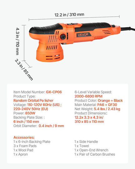 Vevor Έκκεντρος Αλοιφαδόρος 650W με Ταχύτητα 2000-6800rpm
