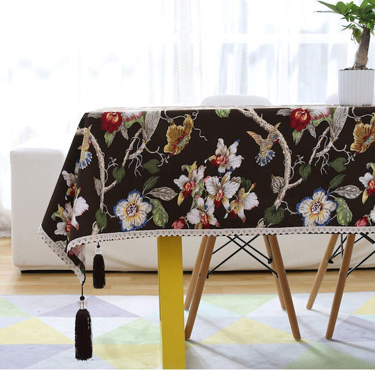 FRIPIA Linen Tablecloth With Brown Lace 140x250cm