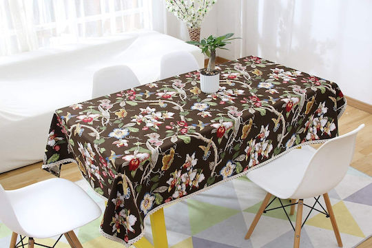 FRIPIA Linen Tablecloth With Brown Lace 140x250cm