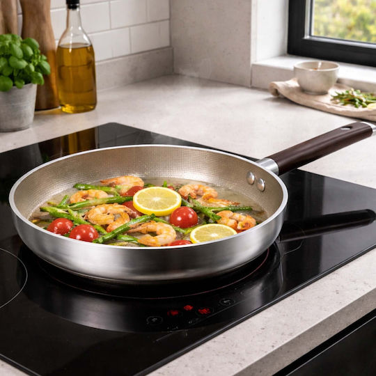 Cheffinger 28cm Induction Non-stick Frying Pan Wood Effect Handle Silver